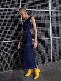 SASSAFRAS Navy Blue Cut-Out Denim A-Line Midi Dress