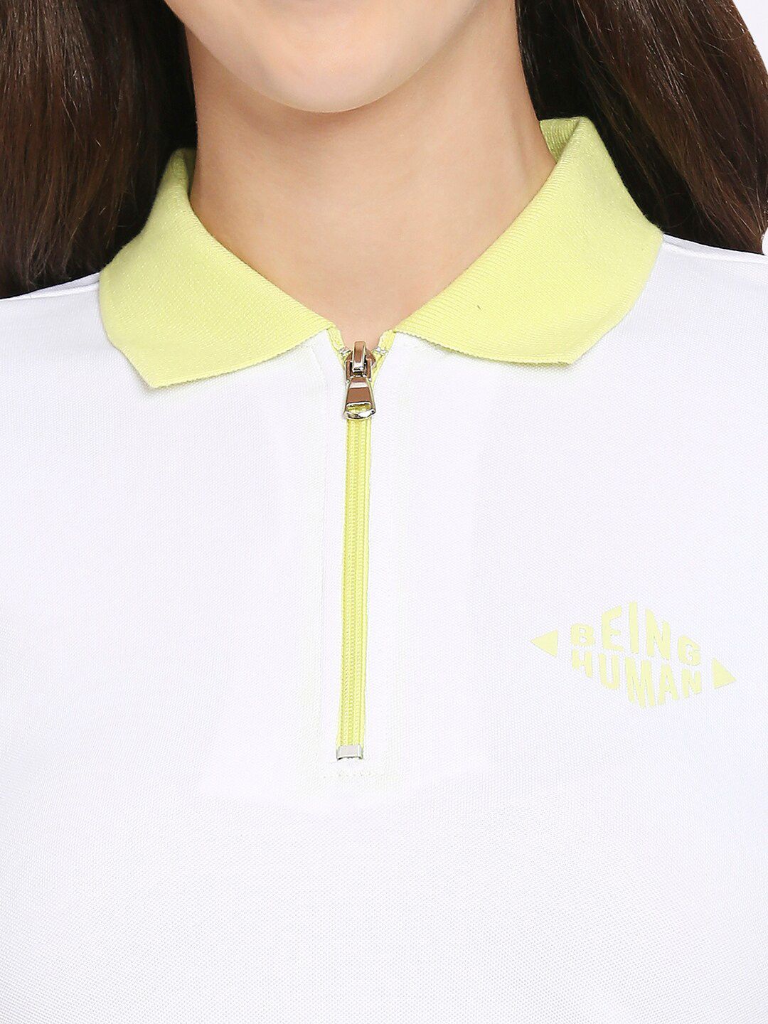 Being Human Women White & Yellow Solid Polo Collar  T-shirt