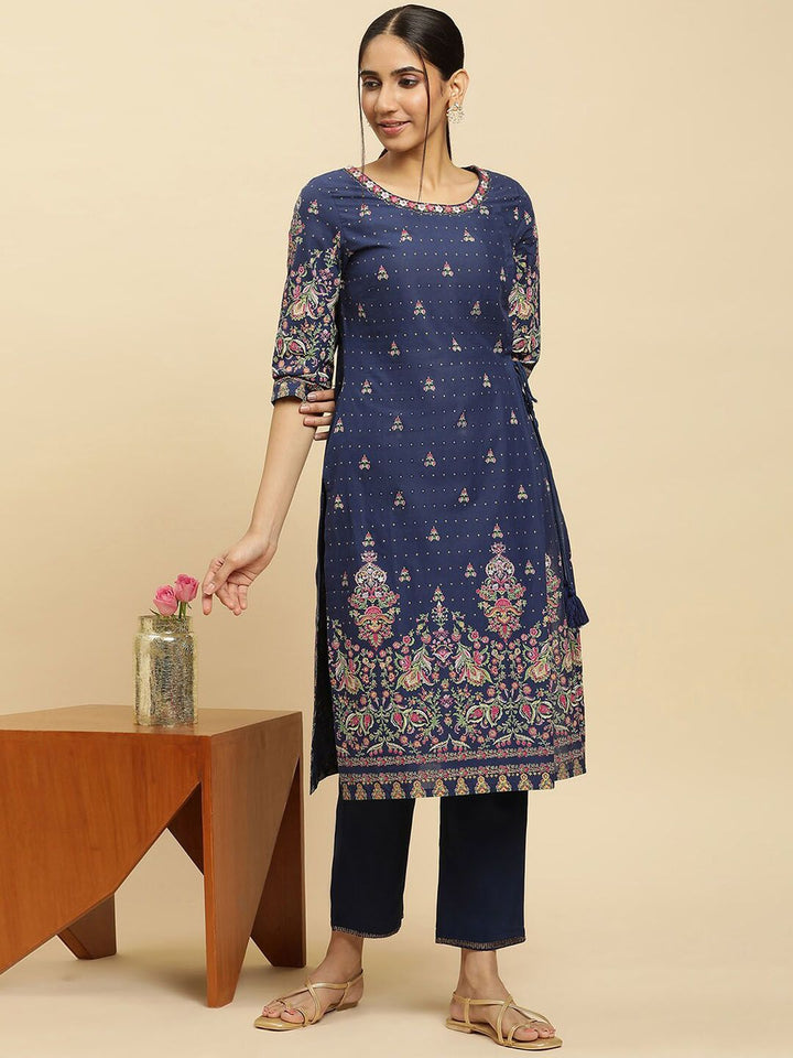 W Ethnic Motifs Printed Round Neck Pure Cotton Straight Kurta