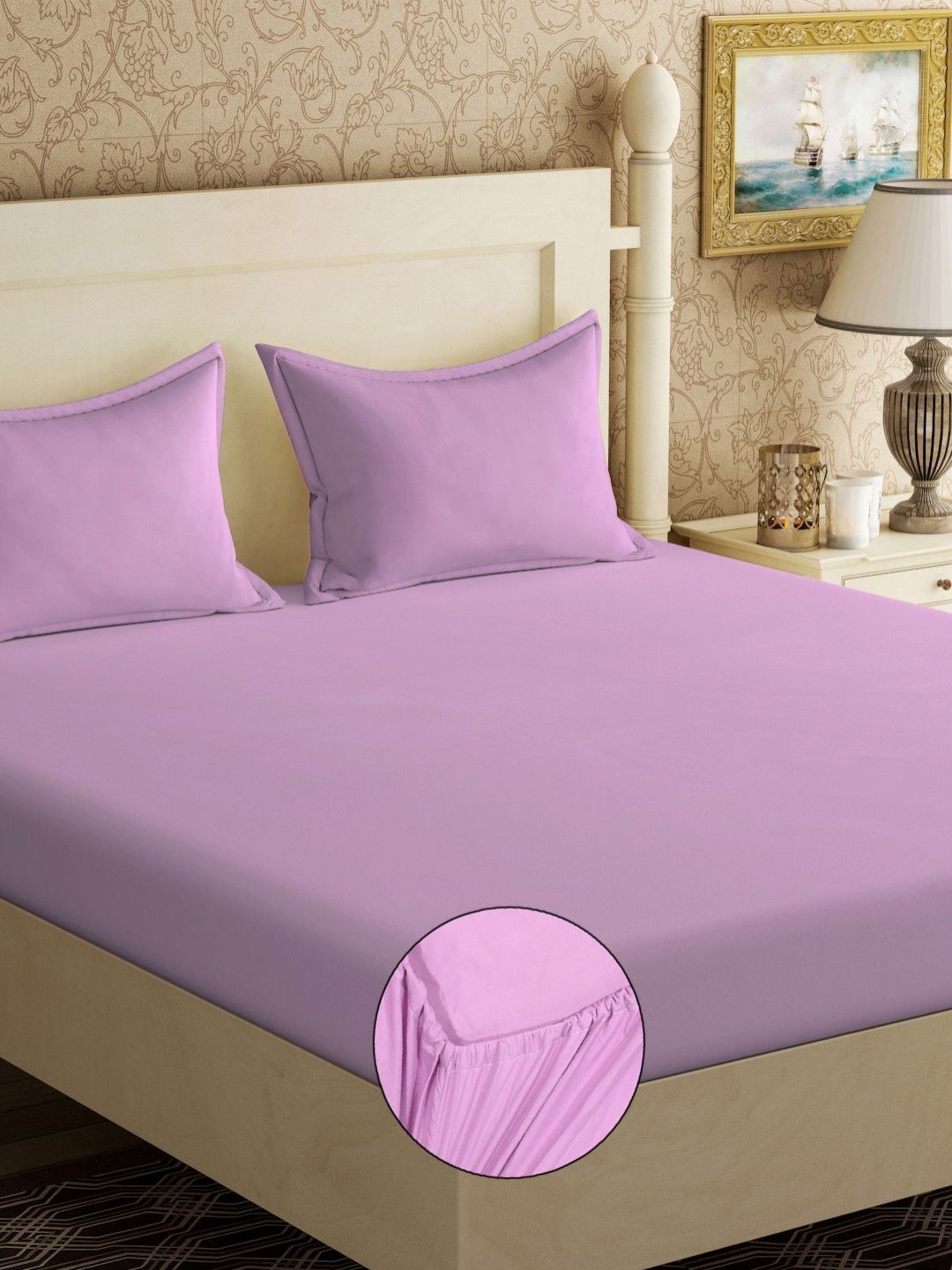 KLOTTHE Purple Polycotton 300 TC Fitted King Cadar dengan 2 Sarung Bantal-98 x 89 inci
