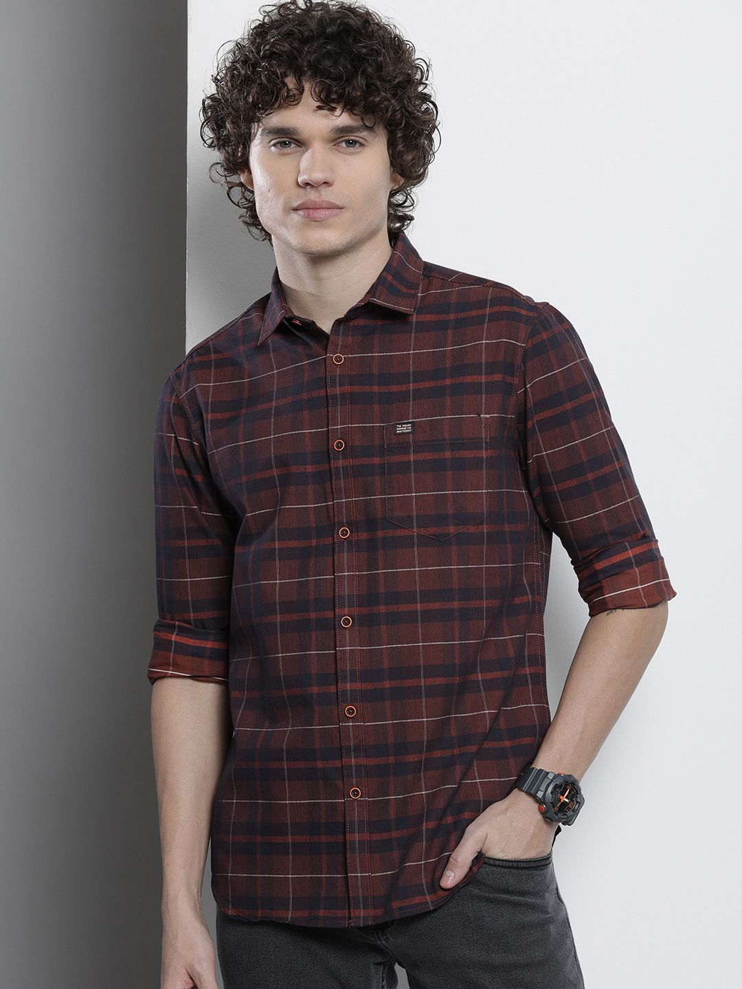 The Indian Garage Co Men Tartan Checked Cotton Casual Shirt