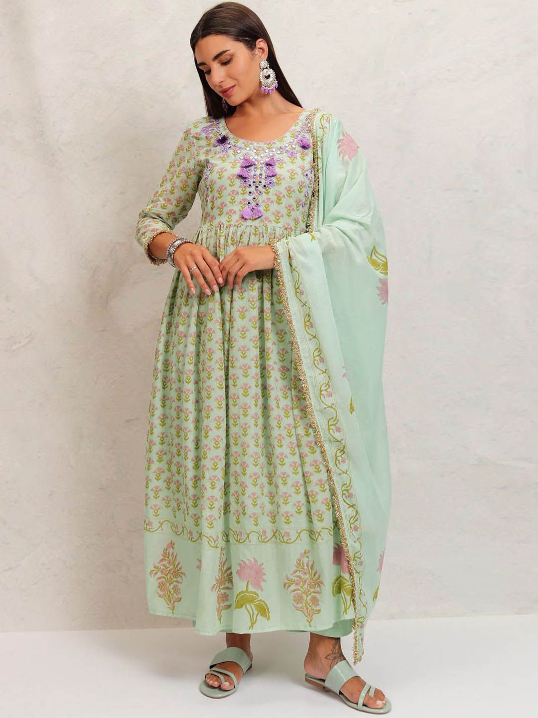 Vishudh Green Printed Mirror Work Pure Cotton Anarkali Kurta With Trousers & Dupatta