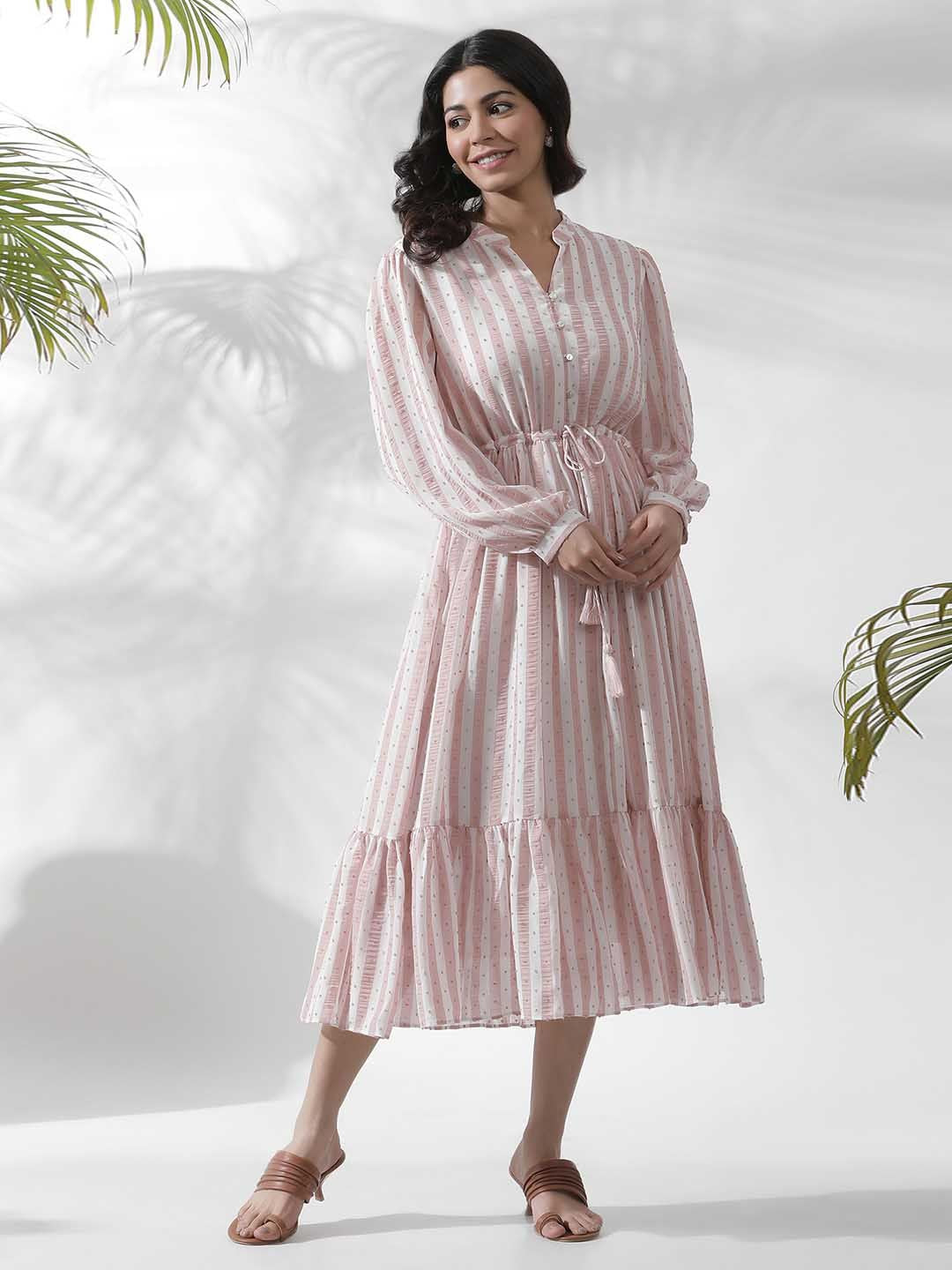 W Striped Notched Neck Puff Sleeves A-Line Opaque Midi Casual Dress