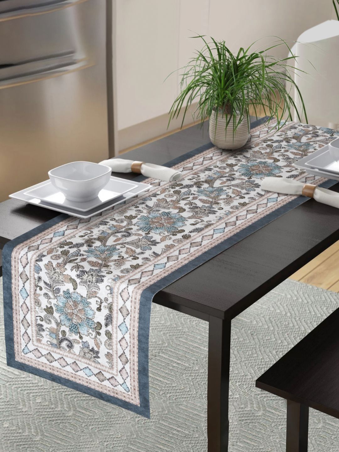 HOSTA HOMES White & Grey Floral Printed Velvet Table Runner