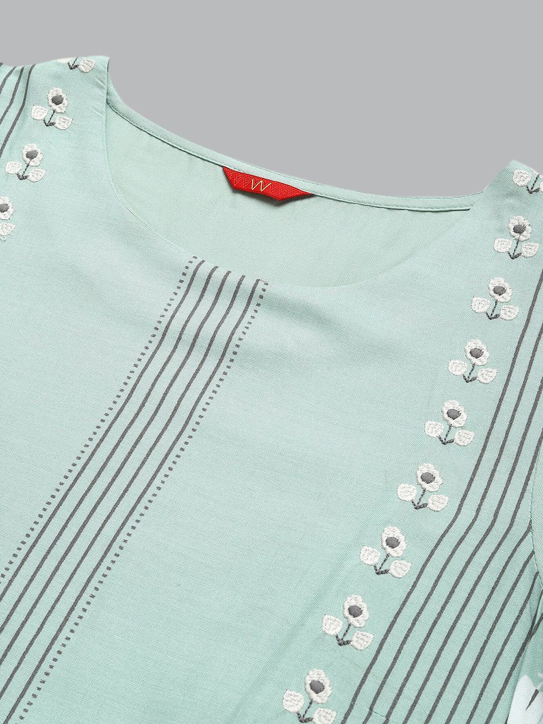 W Women Green Striped Thread Work Floral Viscose Rayon Kurta