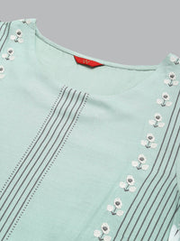 W Women Green Striped Thread Work Floral Viscose Rayon Kurta
