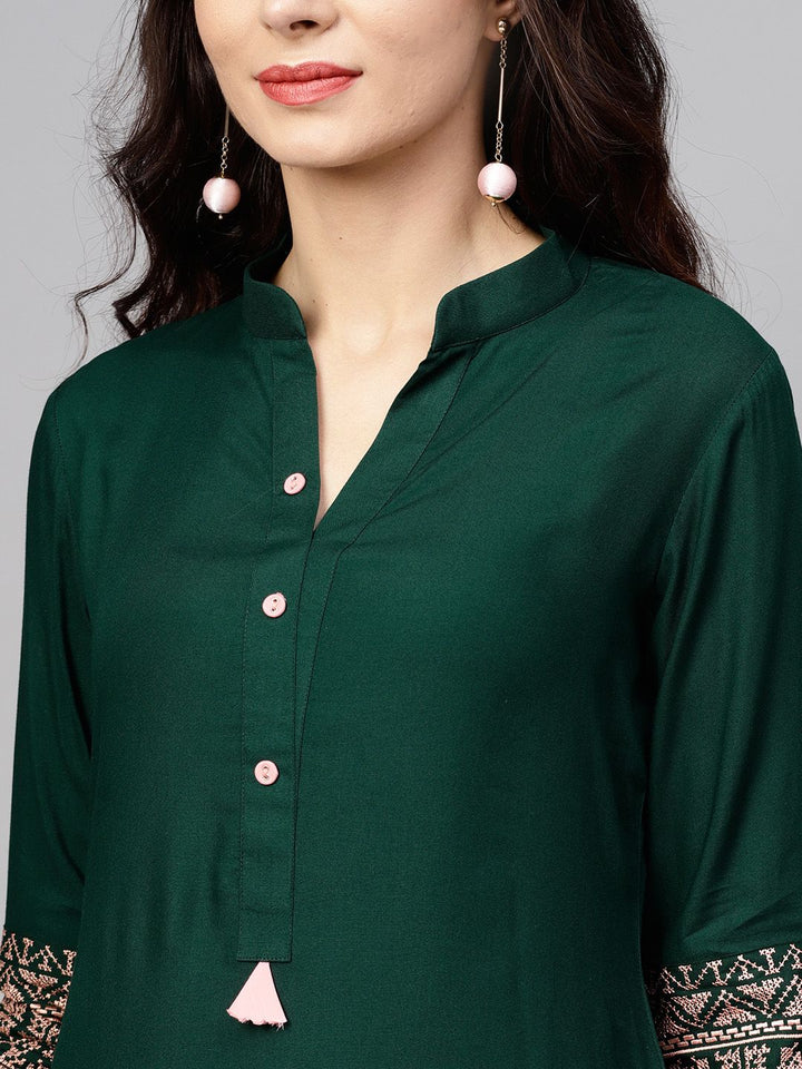 Libas Green Mandarin Collar Viscose Straight Kurta With Embroidered Sleeves