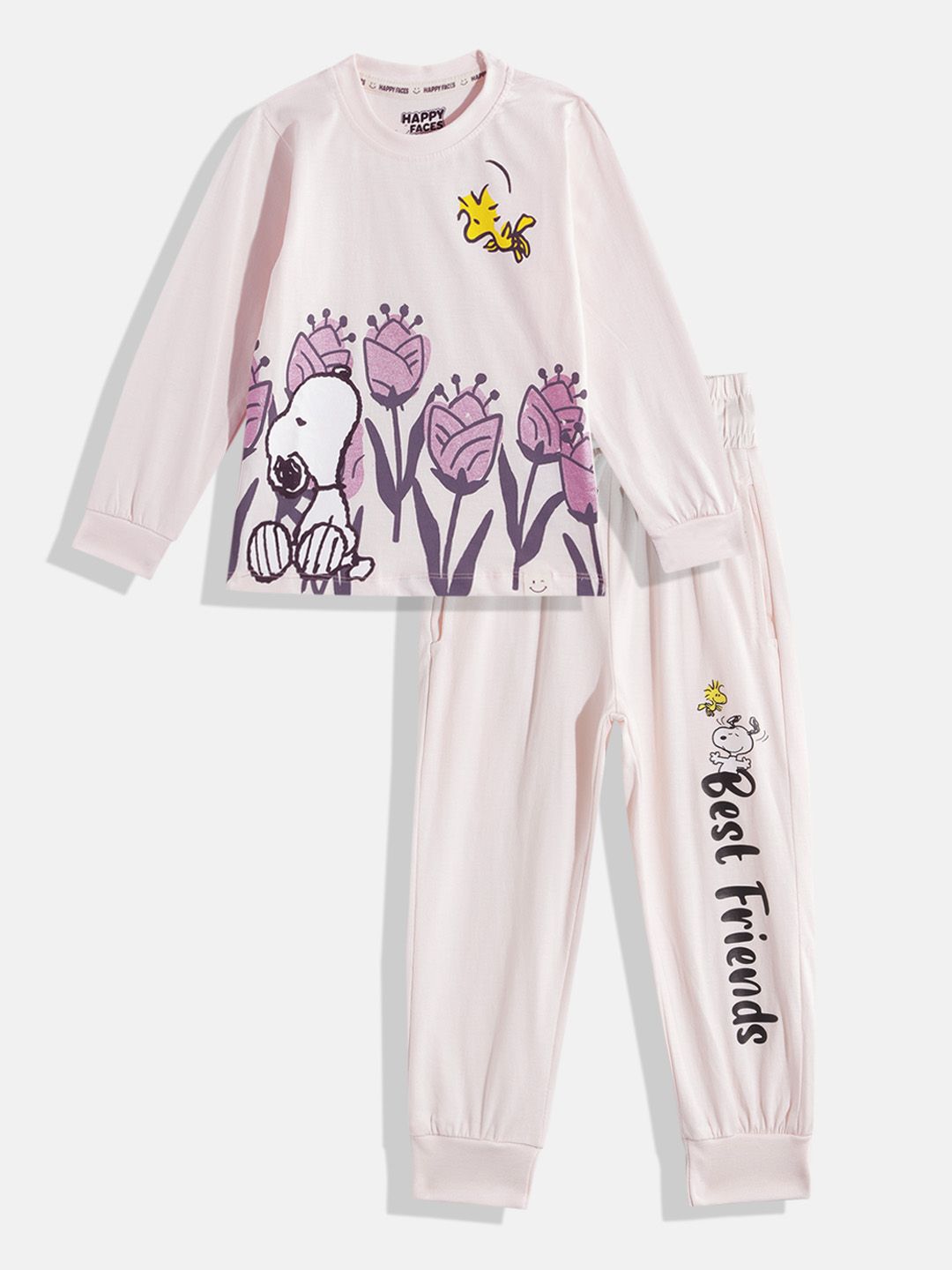 Happy Faces Girls Pure Cotton Snoopy Printed T-shirt with Joggers