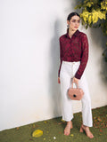 Berrylush Maroon Self Design Spread Collar Casual Shirt