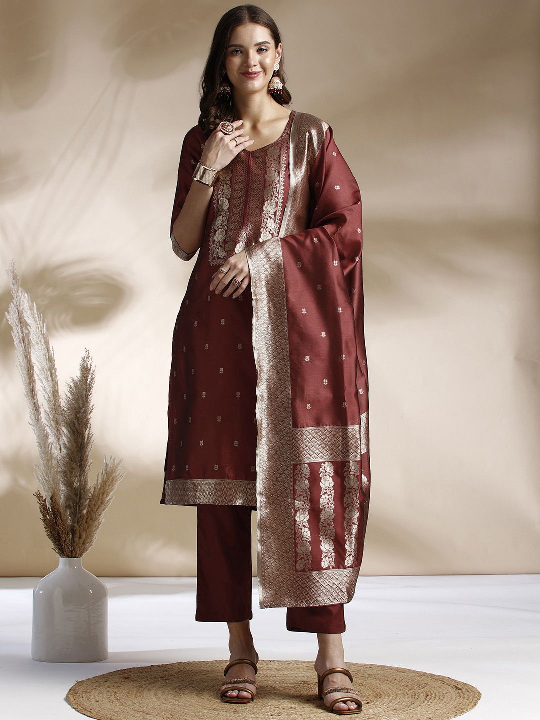 Anouk Zari Woven Design Kurta with Trousers & Dupatta