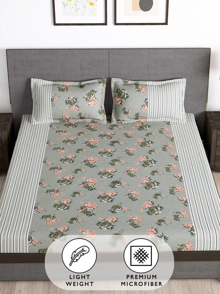 Story@home Grey & Orange Floral 180 TC Queen Bedsheet with 2 Pillow Covers