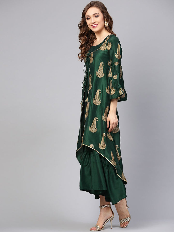 Libas Women Green & Golden Printed Maxi Dress With Ethnic Jacket