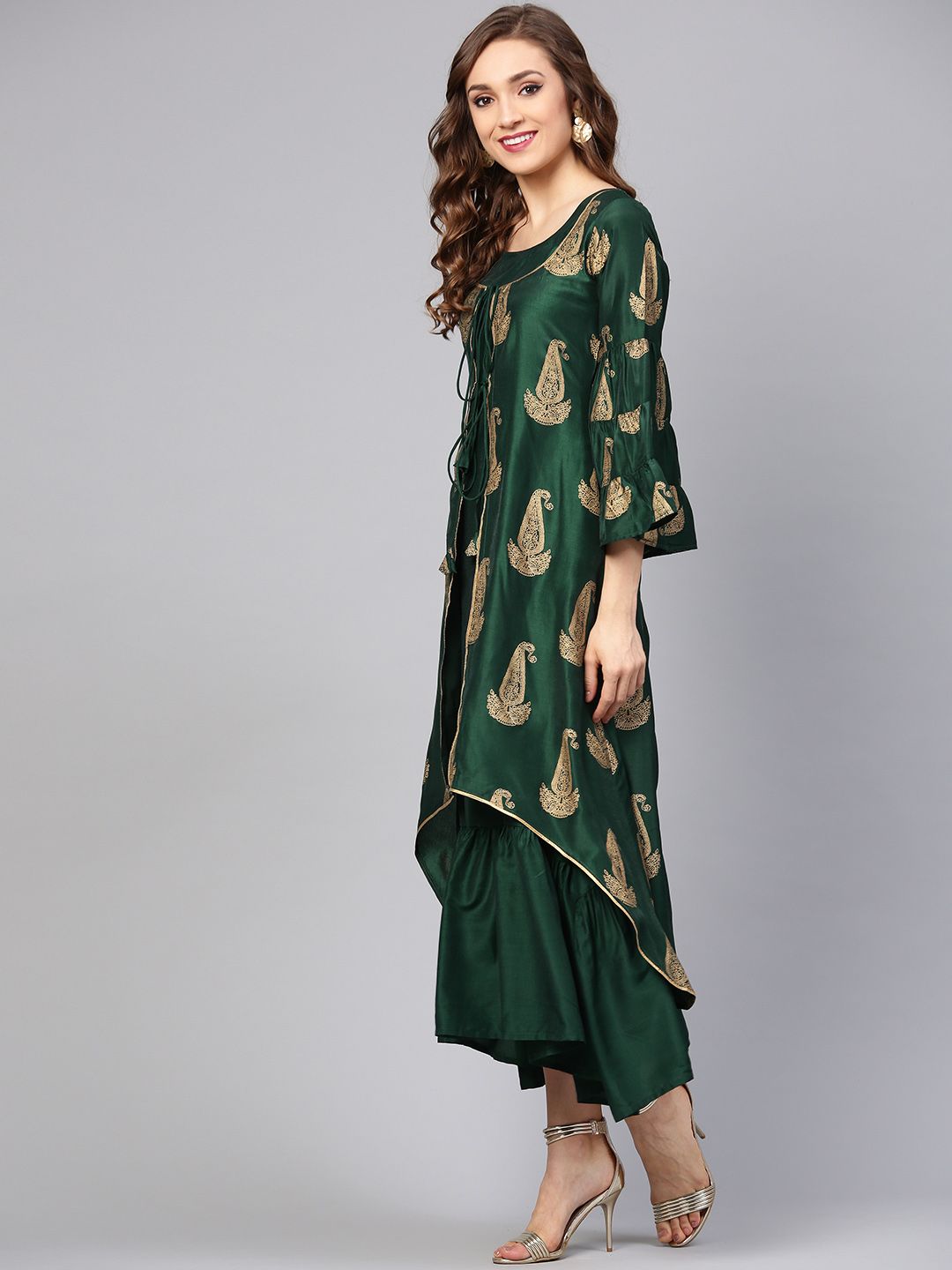 Libas Women Green & Golden Printed Maxi Dress With Ethnic Jacket