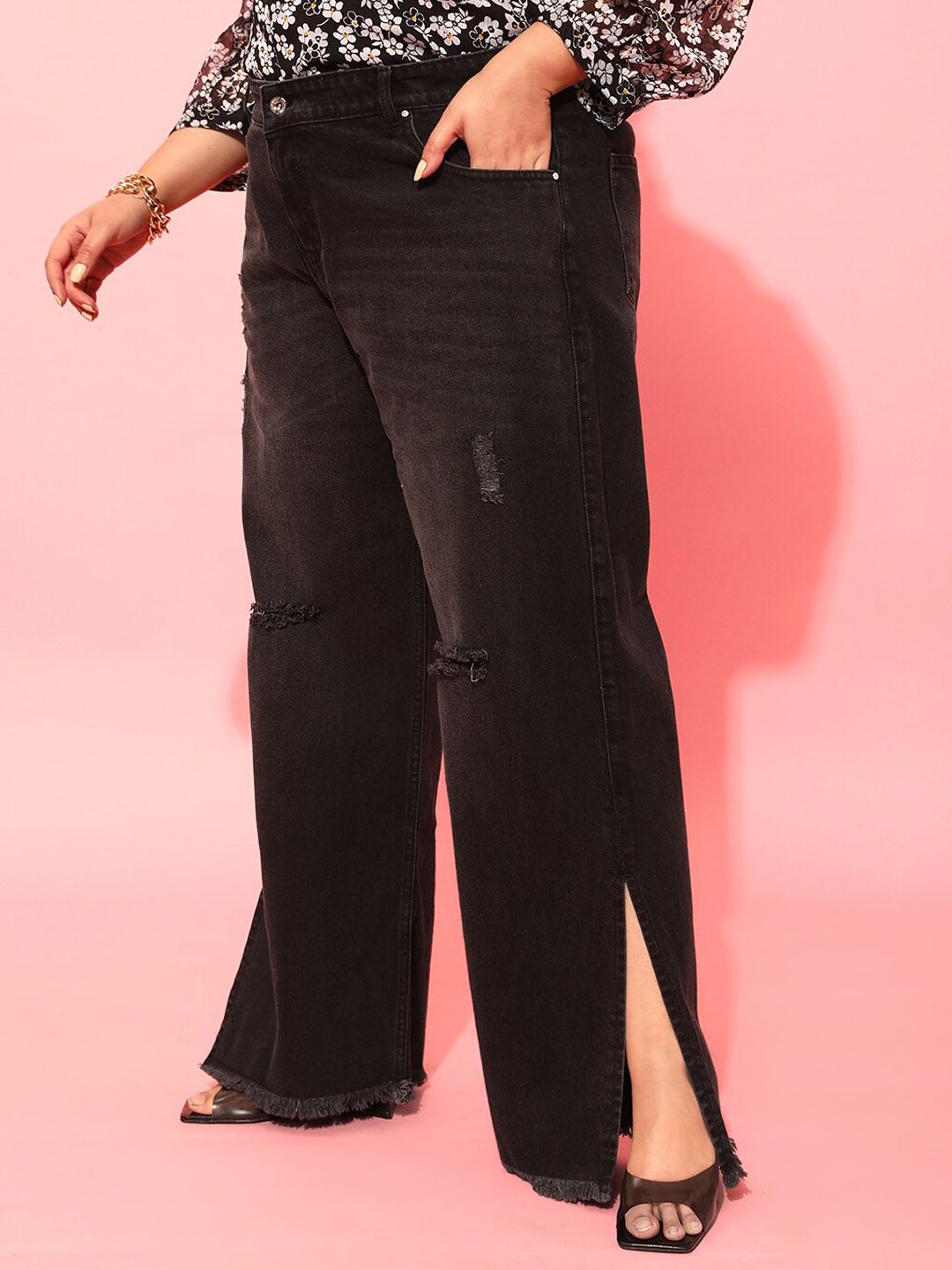 CURVY STREET Plus Size Women Charcoal Comfort Low Distress Pure Cotton Flared Jeans