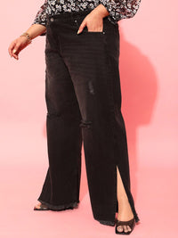 CURVY STREET Plus Size Women Charcoal Comfort Low Distress Pure Cotton Flared Jeans