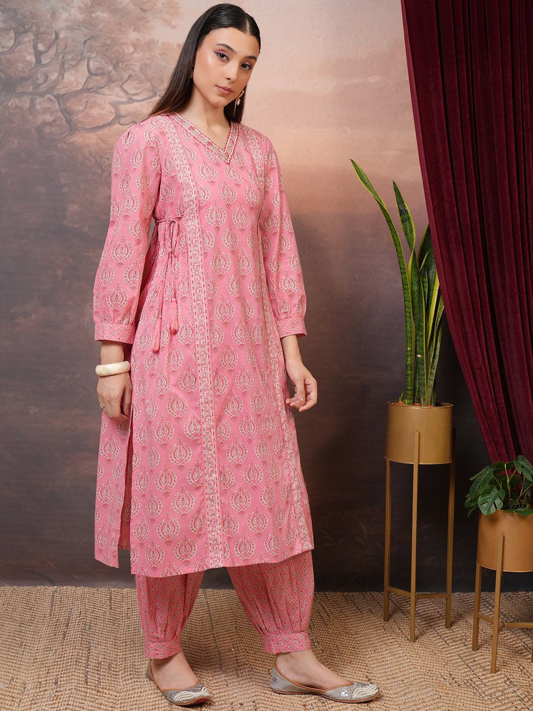 Vishudh Peach Floral Printed Pure Cotton Panelled A-Line Kurta With Salwar & Dupatta