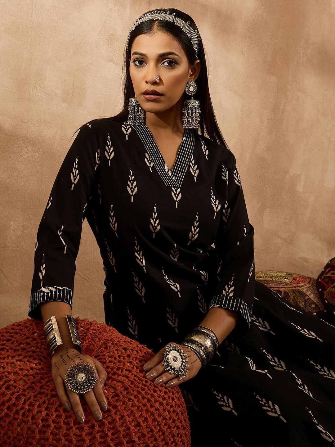 Indo Era Floral Printed V-Neck Pure Cotton Sequinned Straight Kurta