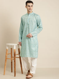 SOJANYA Men Sea Green & Beige Pure Cotton Geometric Printed Kurta