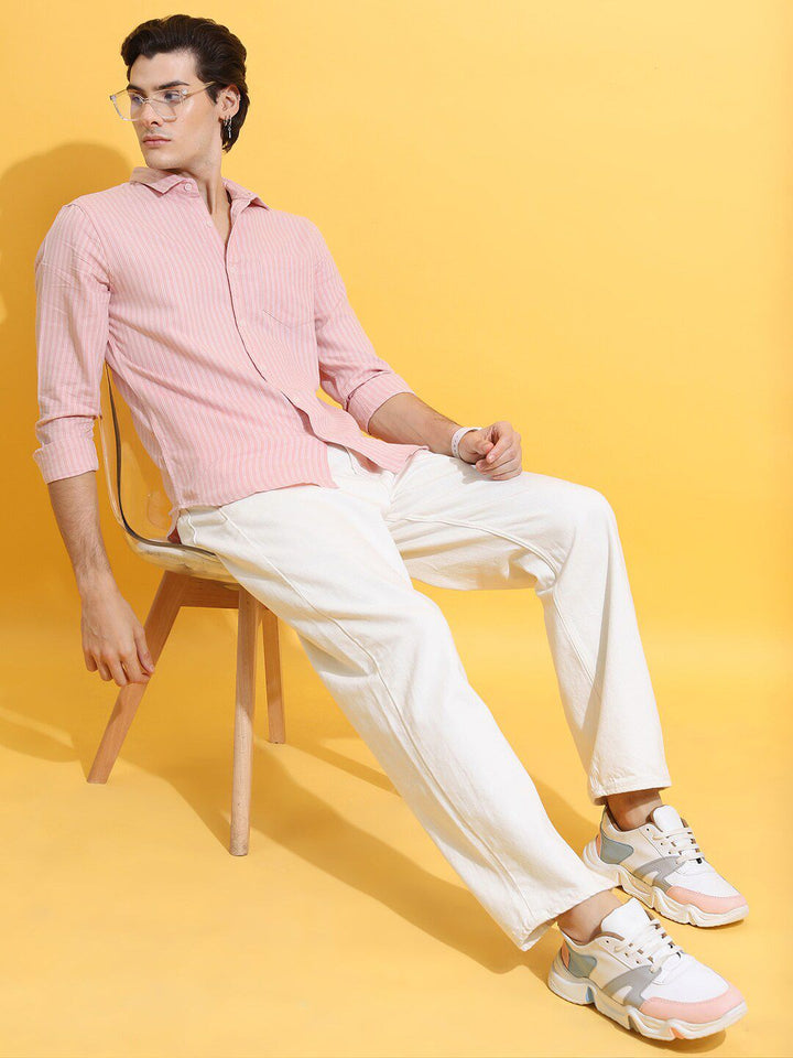 HIGHLANDER Pink Slim Fit Striped Casual Shirt