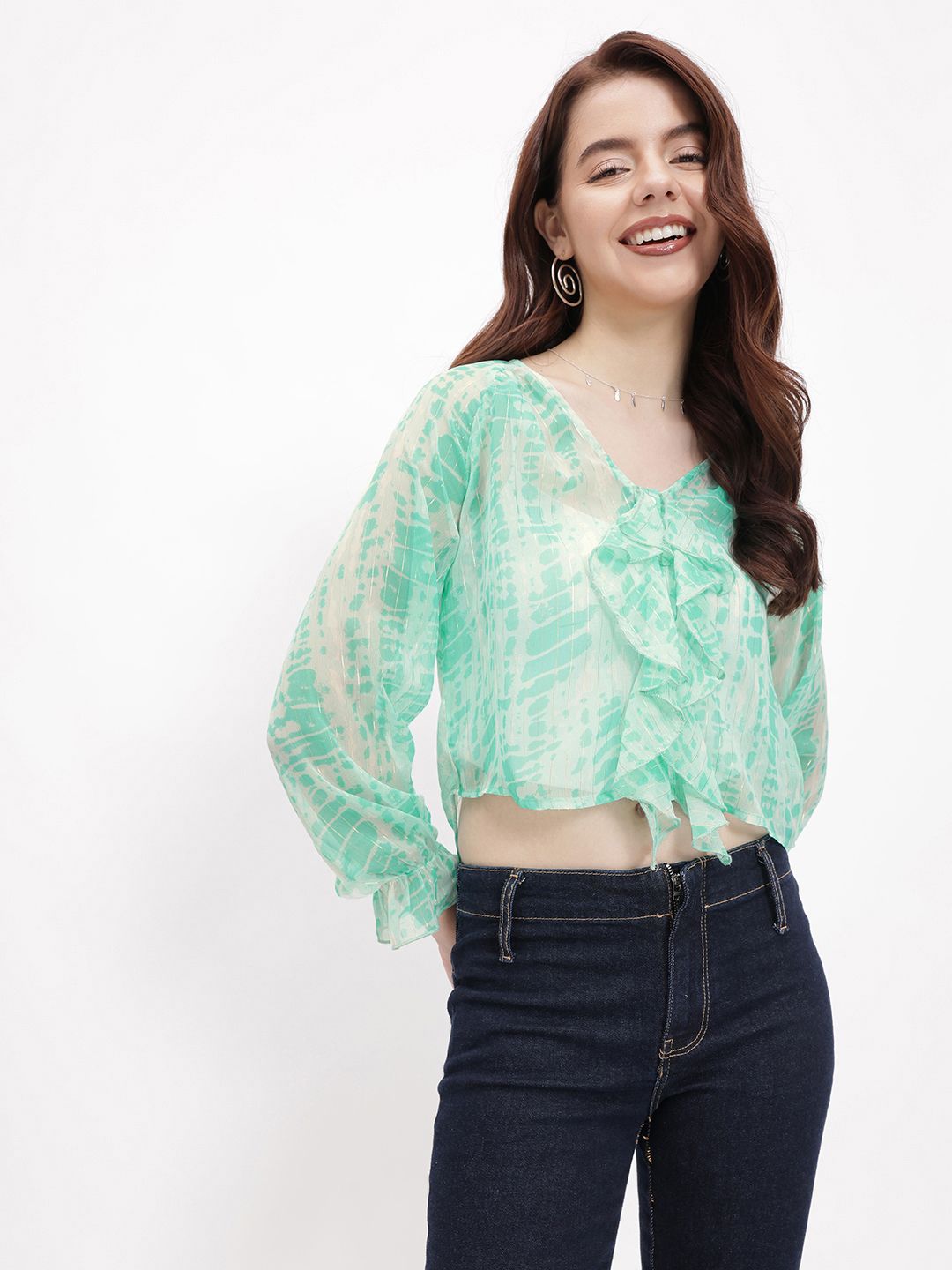 DressBerry Shibori Dyed Ruffle Romance Sheer Top