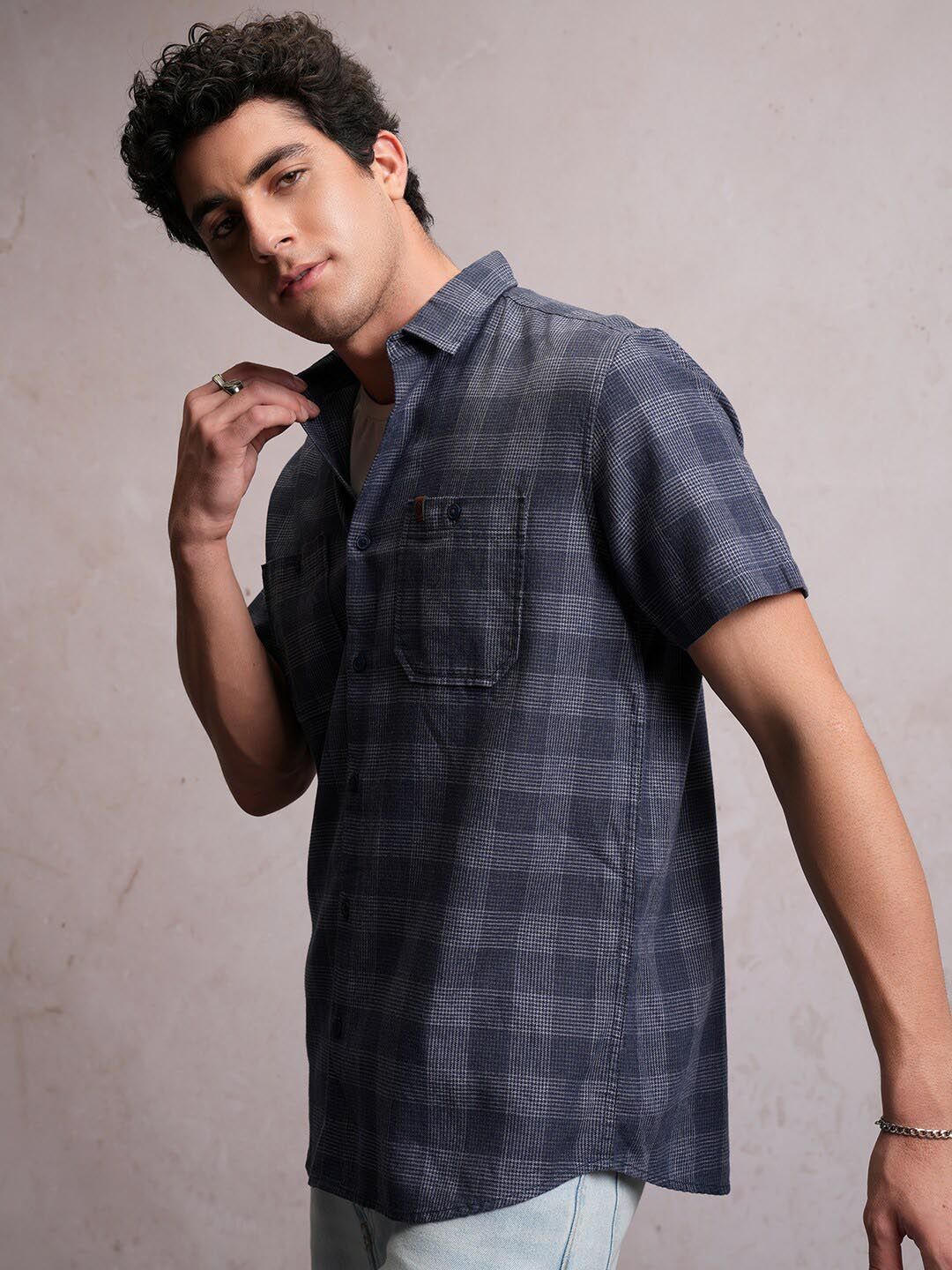 Locomotive Men Blue Linen Blend Checked Utility Pocket Regular Shirt