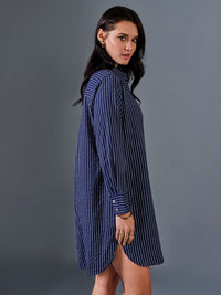 AND Striped Shirt Collar Linen Shirt Dress