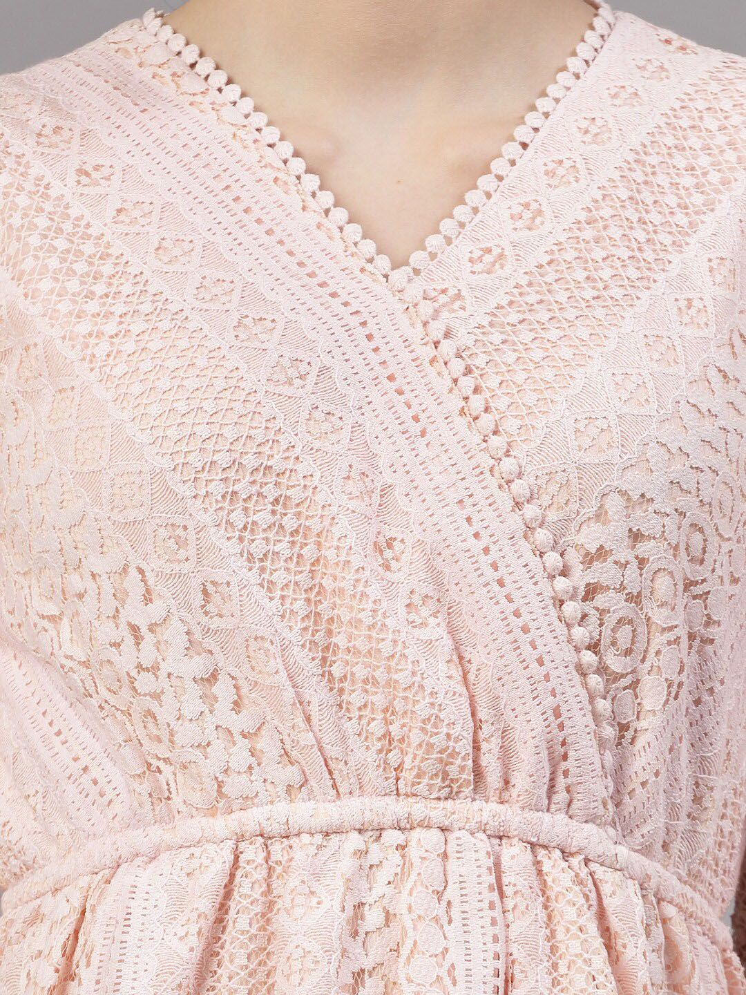 Style Quotient Self Design V-Neck Puff Sleeve Lace Up Cotton Wrap Top