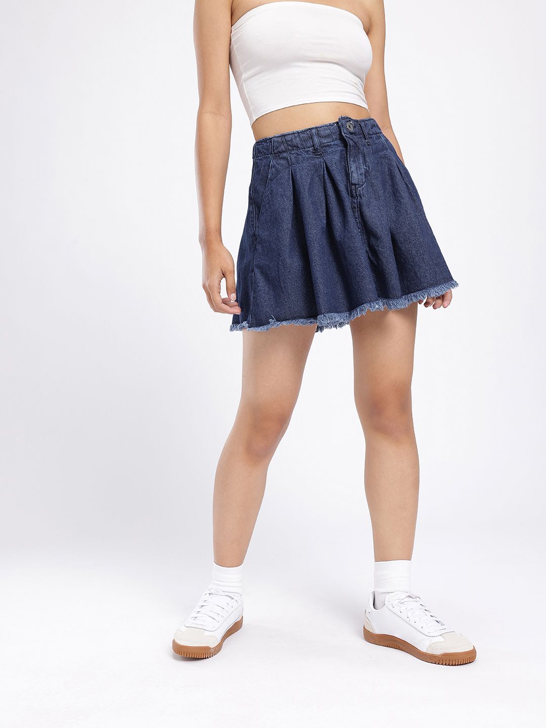DressBerry Women Urban Chic Pleated Flared Denim Mini Skirt
