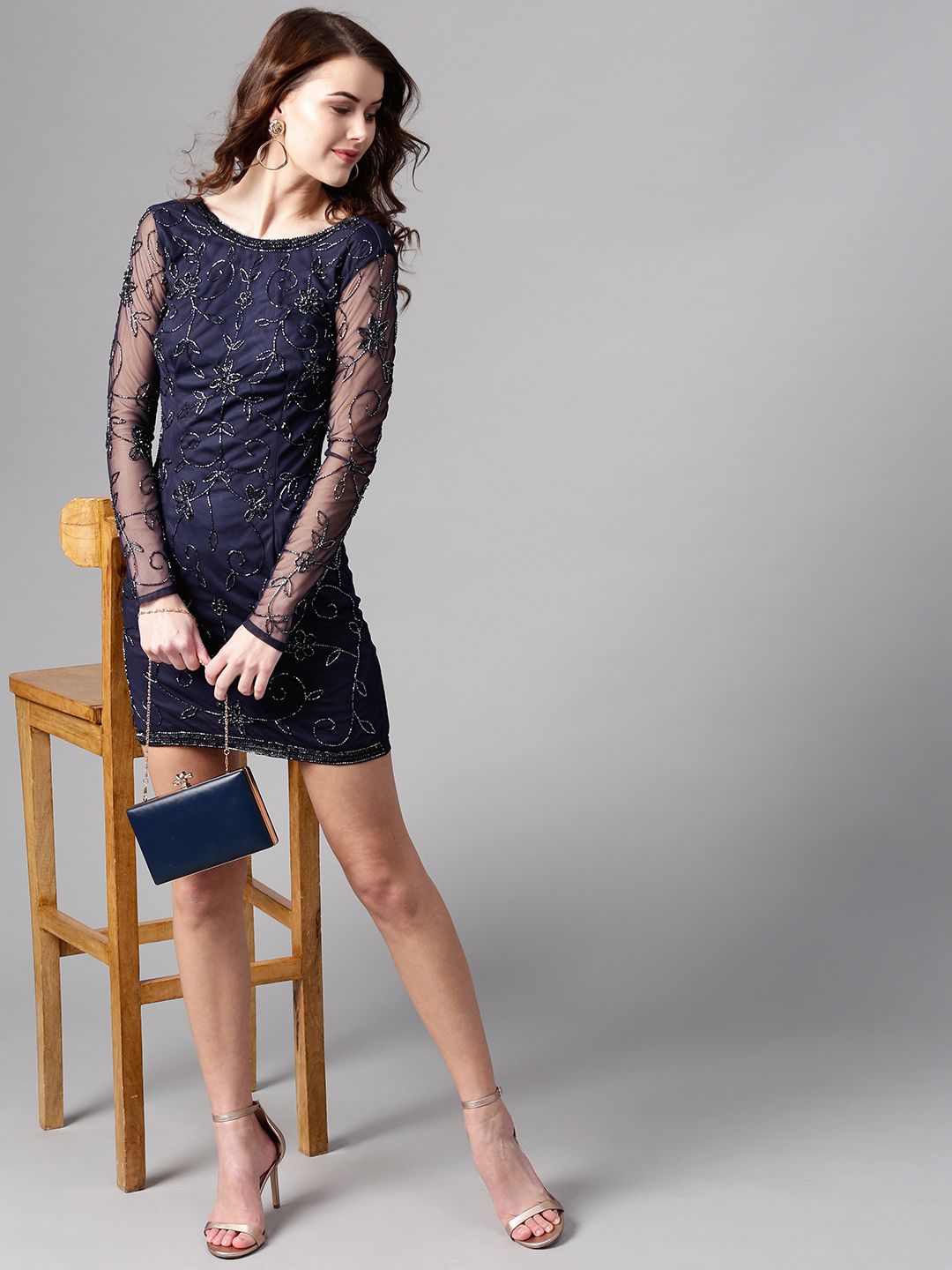 STREET 9 Women Navy Blue Net Embellished Bodycon Dress