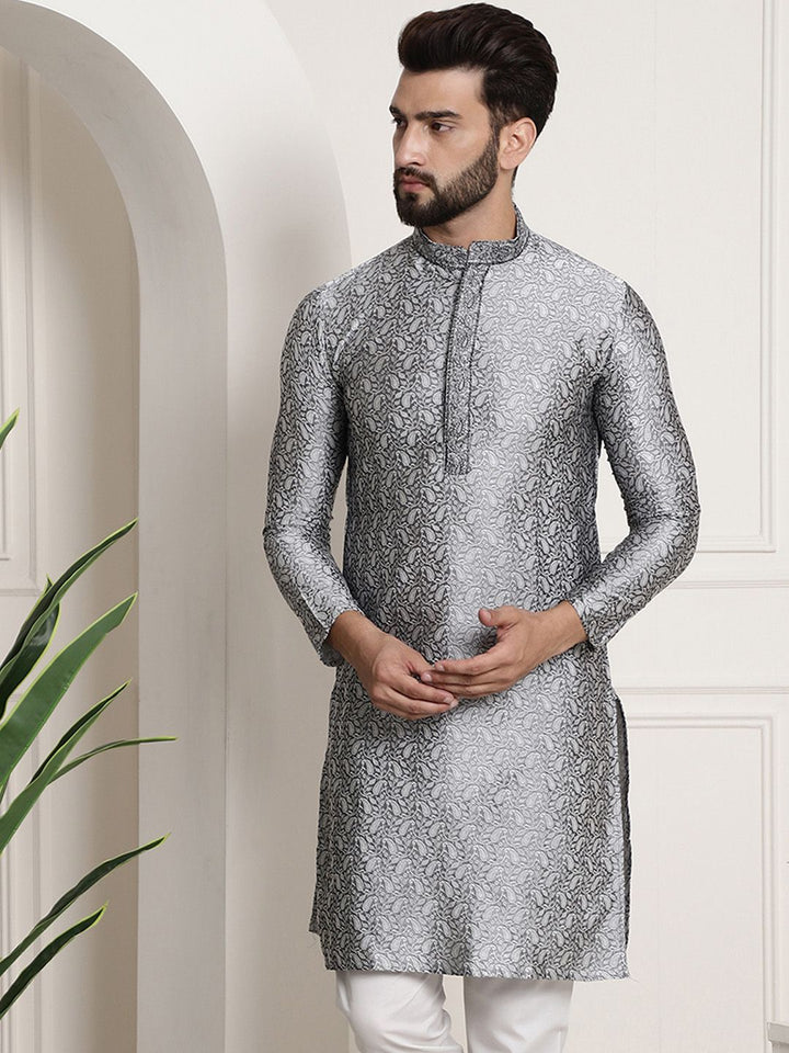 SOJANYA Men Charcoal Grey & White Woven Design Straight Kurta