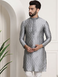 SOJANYA Men Charcoal Grey & White Woven Design Straight Kurta