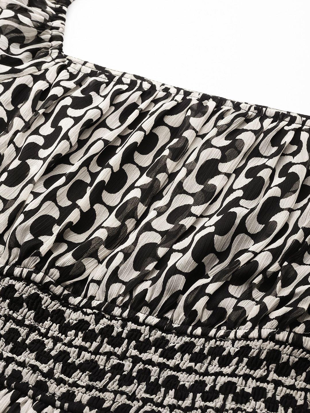 Antheaa Black & White Chiffon Printed Tiered Midi Dress