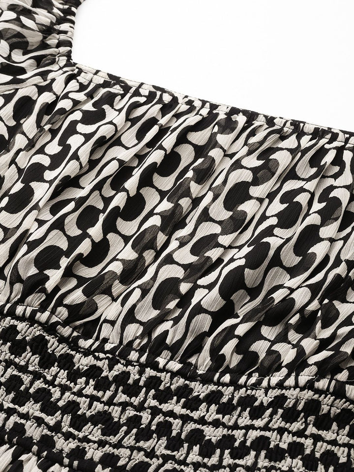 Antheaa Black & White Chiffon Printed Tiered Midi Dress