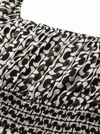 Antheaa Black & White Chiffon Printed Tiered Midi Dress