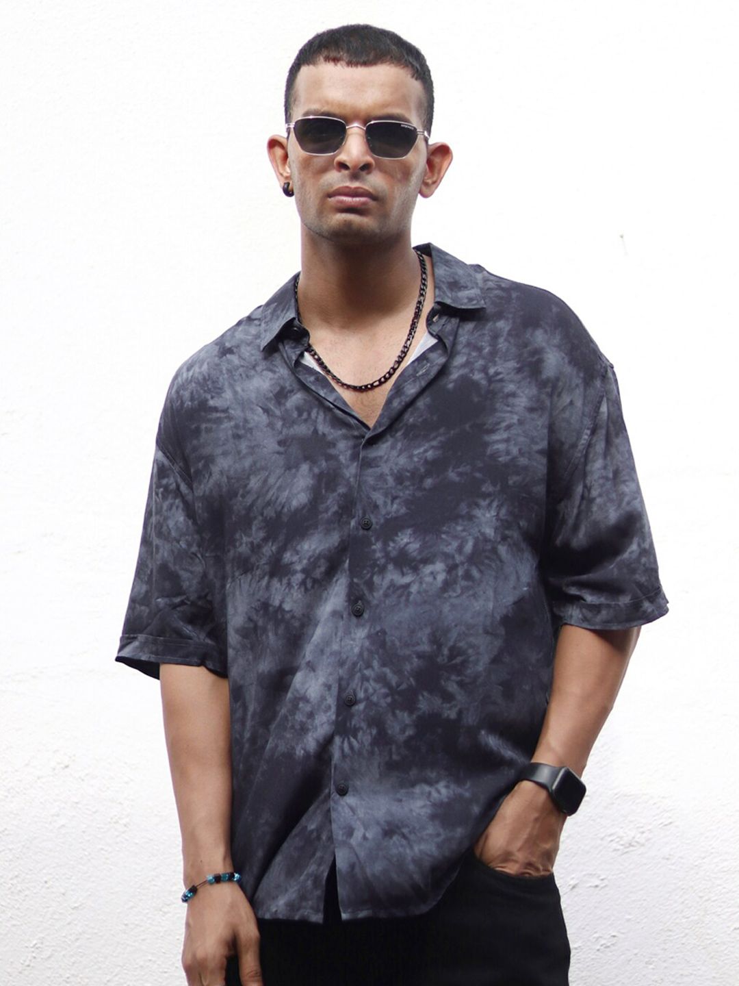 Powerlook Grey India Slim Oversize Opaque Tie & Dye Casual Shirt