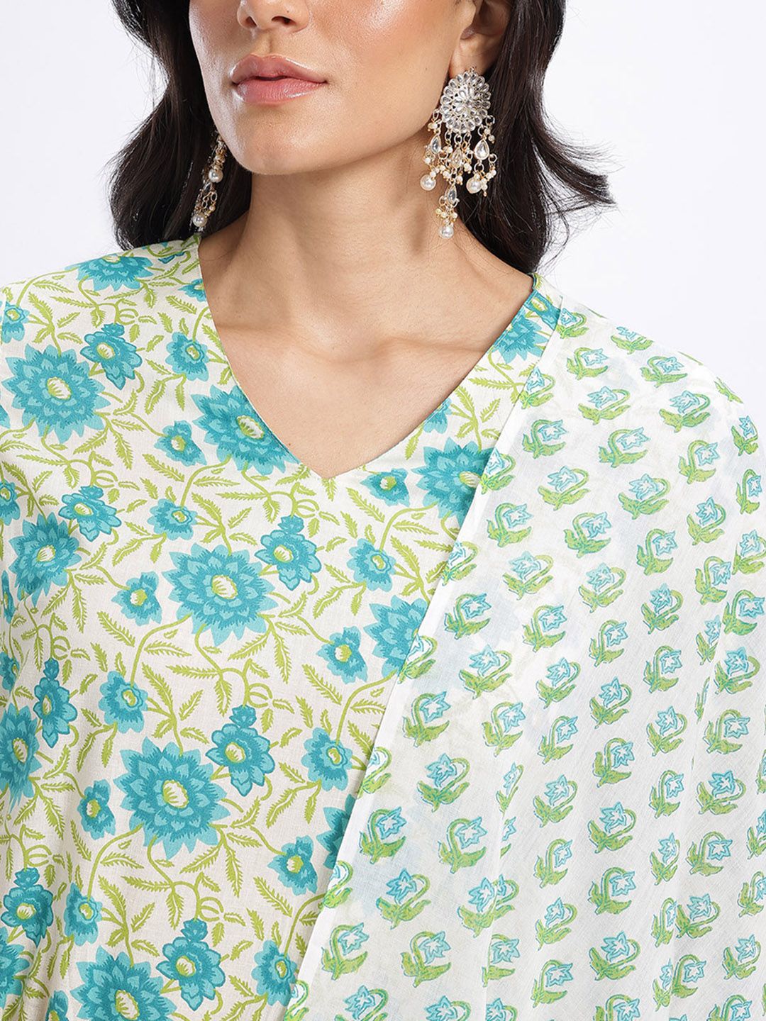 Anouk Floral Printed Pure Cotton Straight Kurta with Trousers & Dupatta