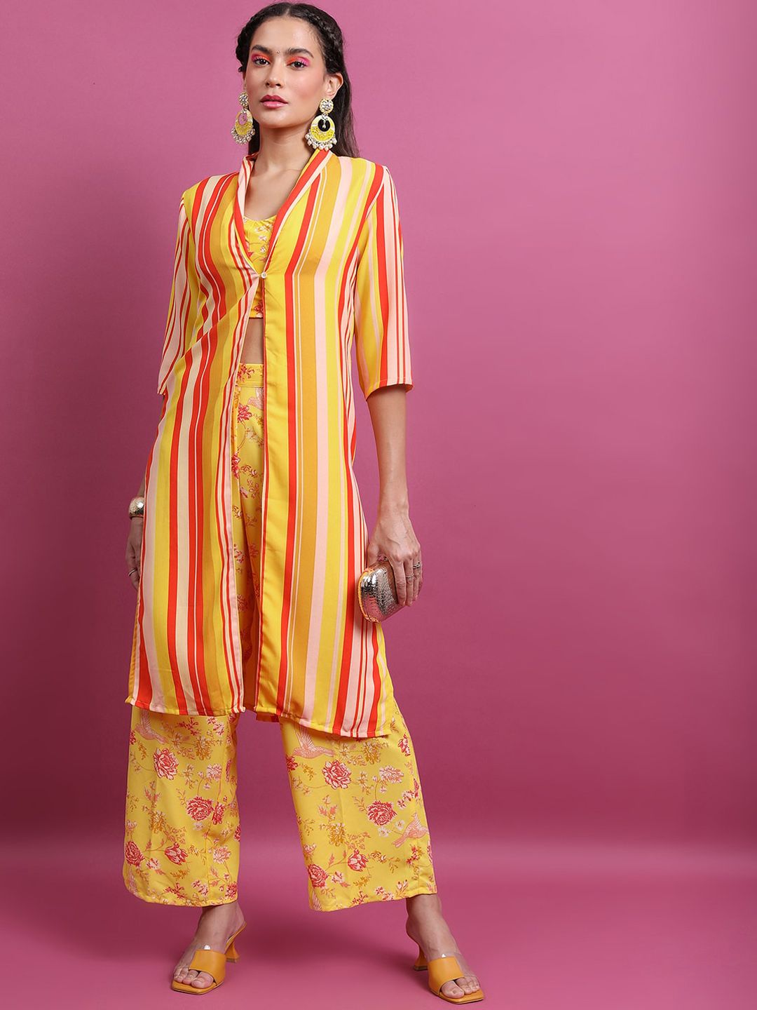 Vishudh Yellow Printed Regular Top with Palazzos And Jacket