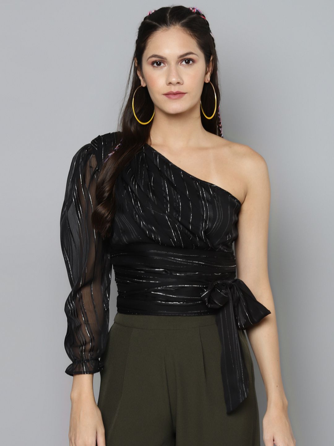 Sassafras Black & Silver Striped One Shoulder Puff Sleeves Cinched Waist Crop Top
