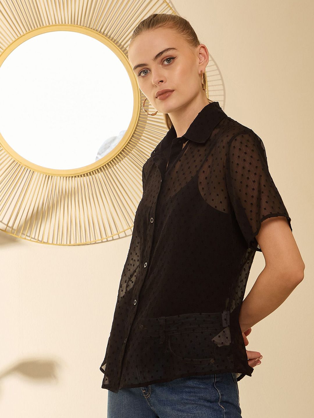 Berrylush Women Sheer Spread Collar Casual Shirt