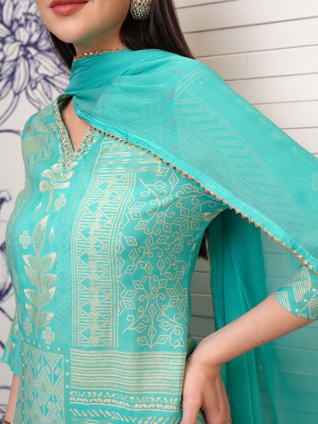 Vishudh Floral Printed Regular Beads and Stones Kurta with Trouser & Dupatta