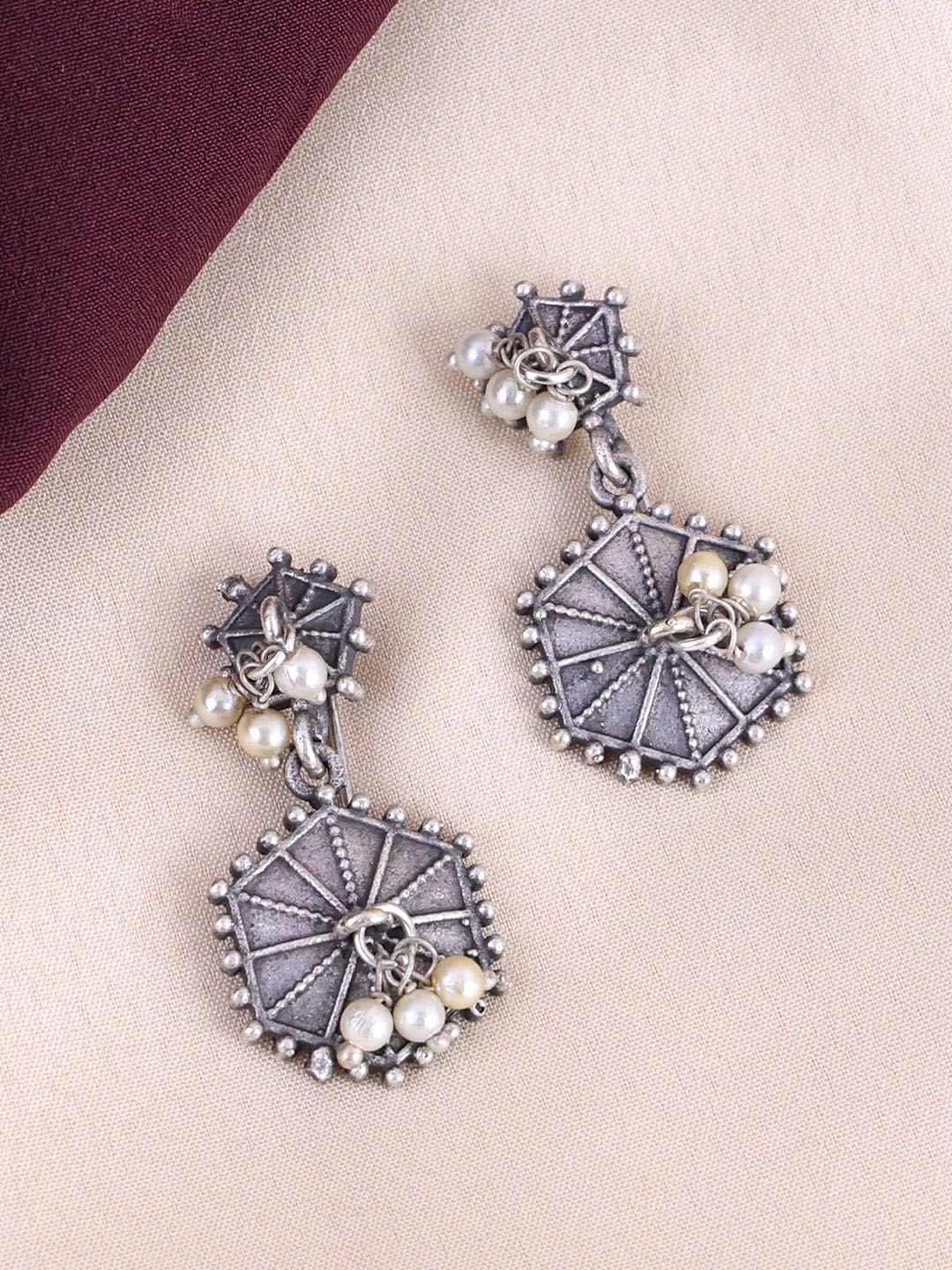 PANASH Silver-Plated Oxidised Pearls Drop Earrings