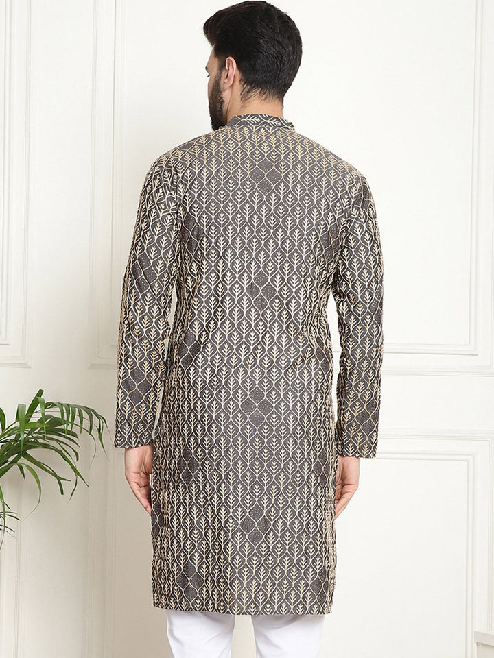 SOJANYA Kurta Katun Tulen Bersulam Geometrik Kolar Mandarin Lurus