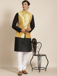 SOJANYA Lelaki Black Chikankari Pure Cotton Kurta with Churidar & Nehru Jacket