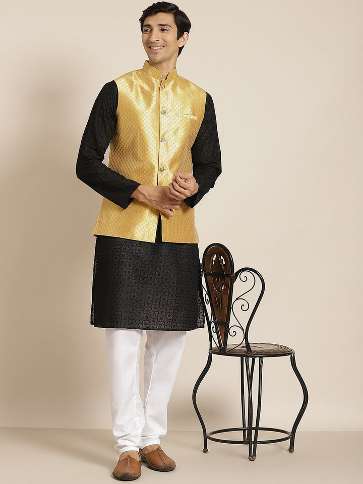 SOJANYA Men Black Chikankari Pure Cotton Kurta with Churidar & Nehru Jacket