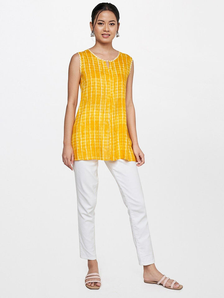 Global Desi Women Mustard Yellow Geometric Printed Keyhole Neck Top