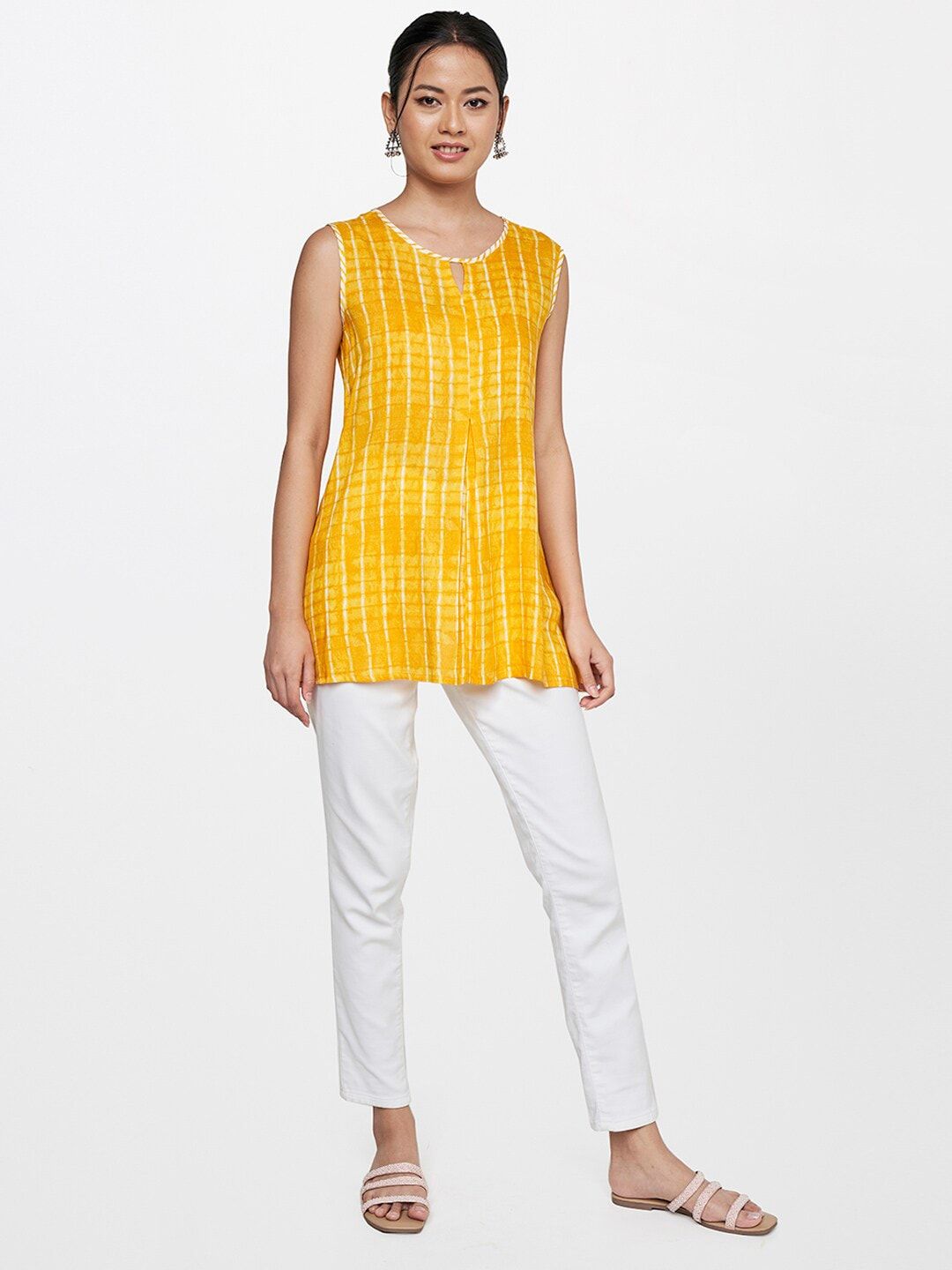 Global Desi Women Mustard Yellow Geometric Printed Keyhole Neck Top