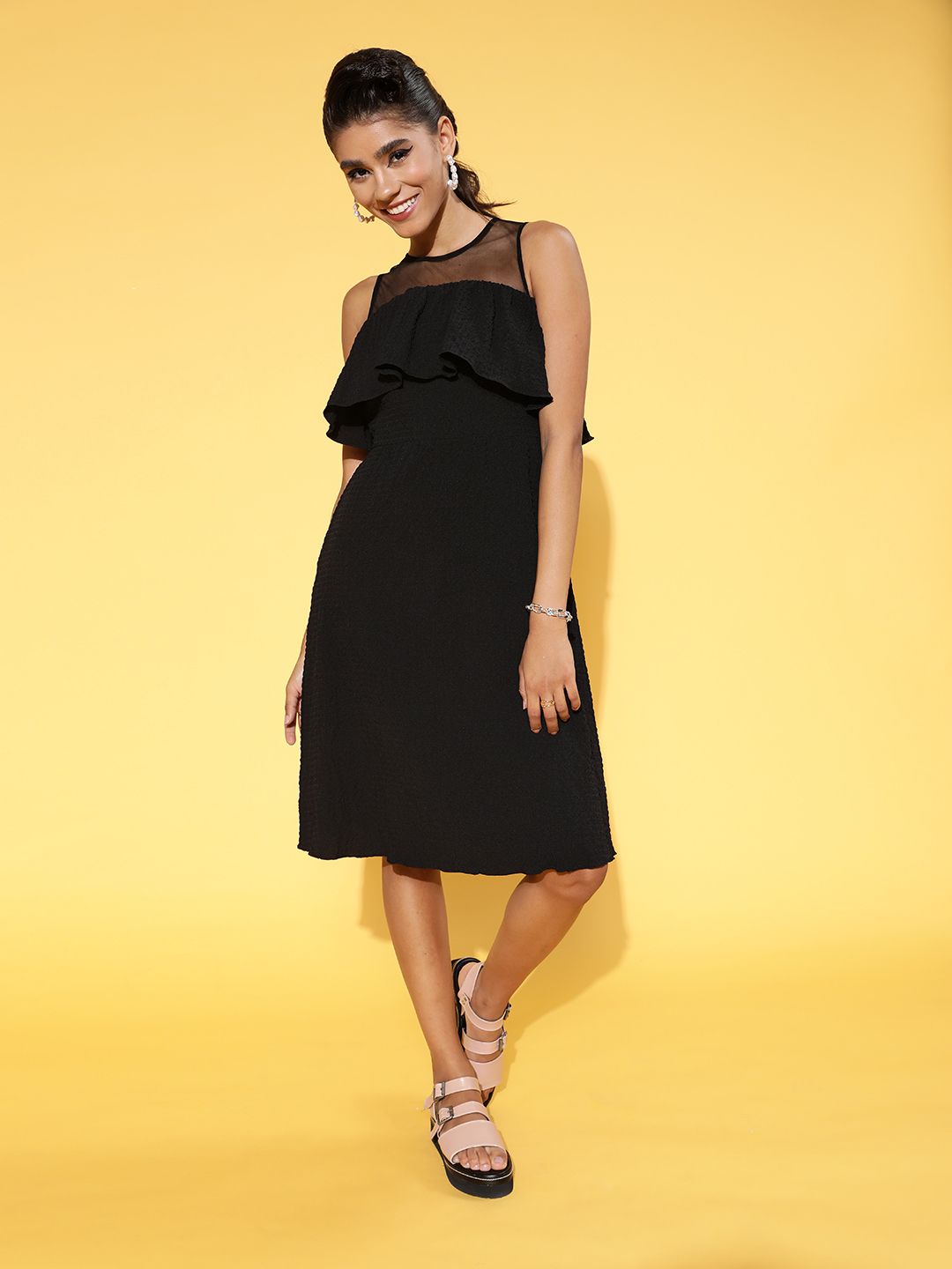 Athena Women Stylish Black Solid Feminine Frills Dress