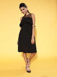 Athena Women Stylish Black Solid Feminine Frills Dress