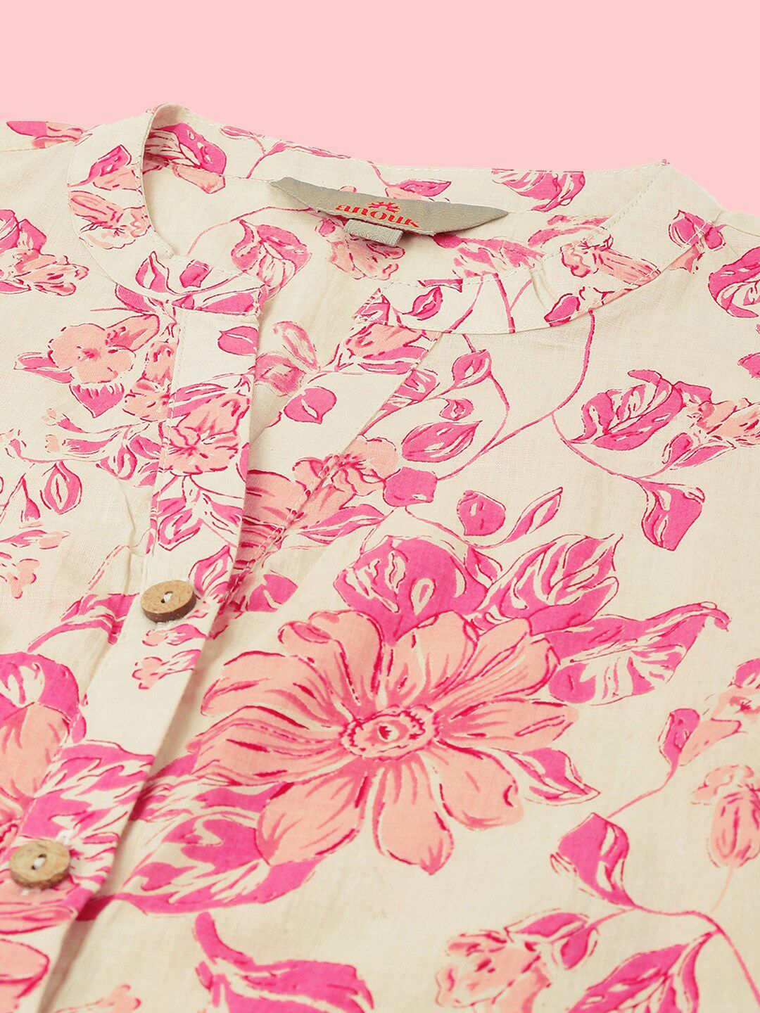 Anouk Off White Floral Printed Mandarin Collar Pure Cotton Top