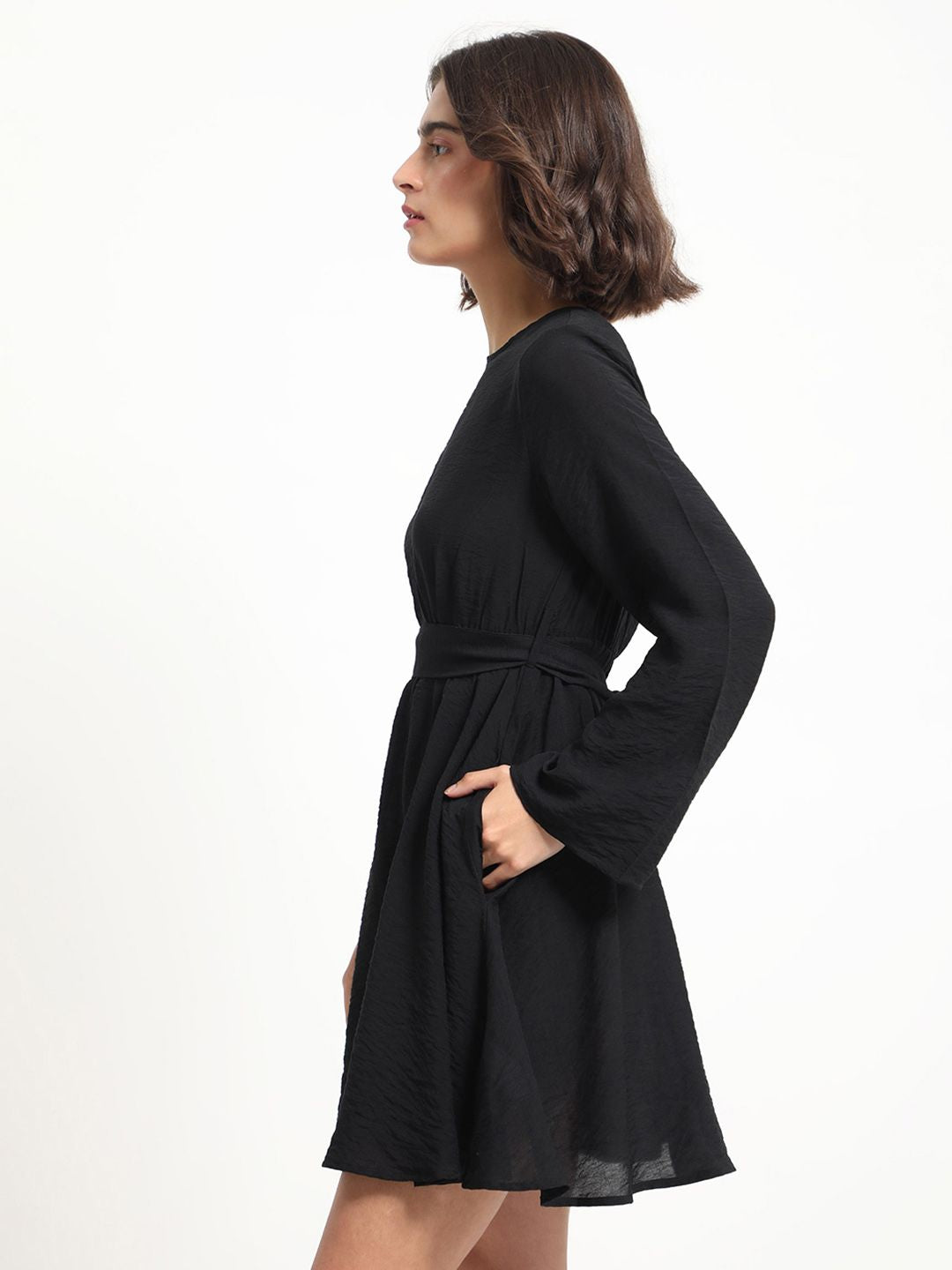 RAREISM Round Neck Flared Sleeves Gathered Fit & Flare Dress
